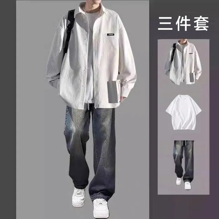 设计感衬衫男生套装2025春秋新款潮流痞帅穿搭衬衣休闲外套三件套