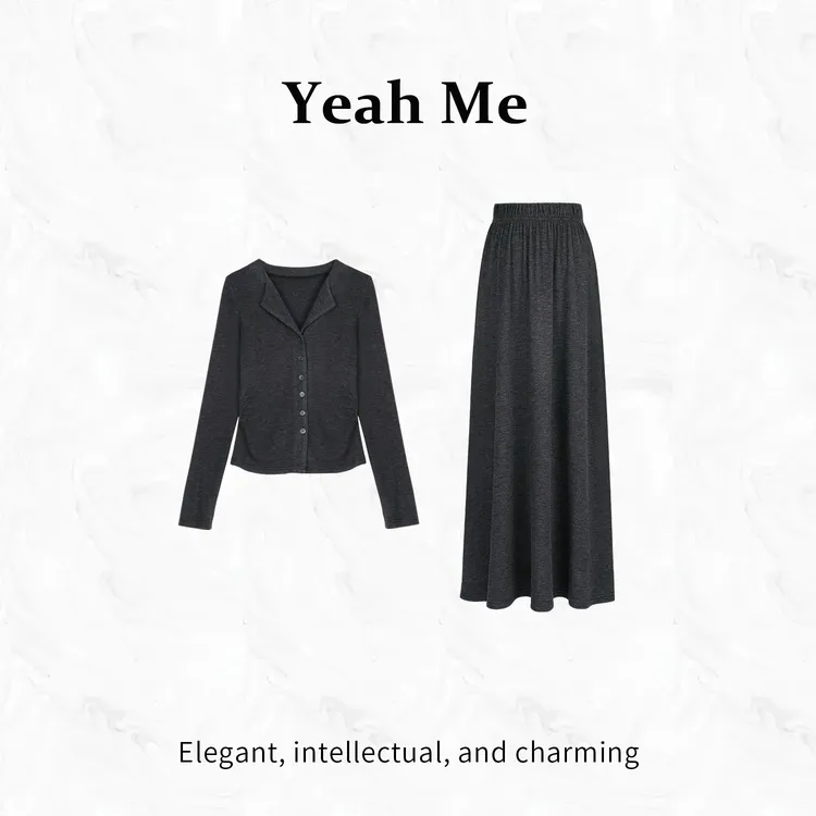 Yeah Me/也觅【灰色情书】秋季新款文艺温柔风百搭半身裙套装女装