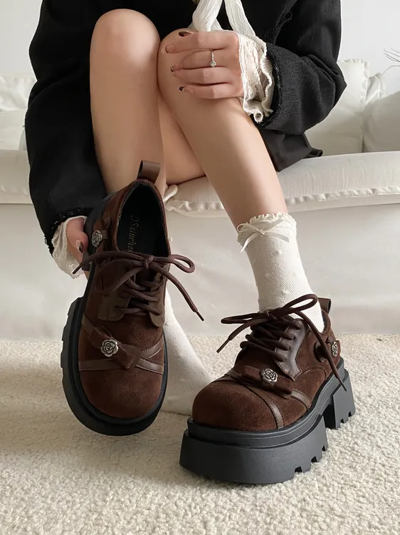 复古增高厚底圆头乐福鞋女2025秋冬新甜酷蝴蝶结系带单鞋加绒棉鞋