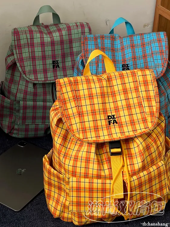 格子民族风双根减压包盖双肩包布包双肩背大号定做muji风山系书包