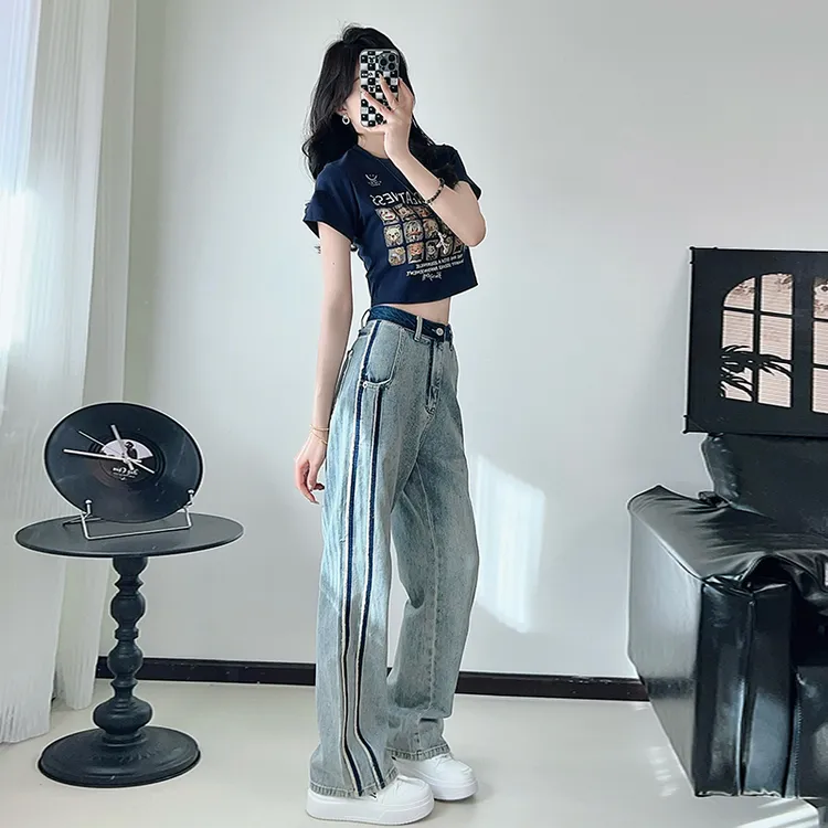 美式复古高街夏季短袖t恤女短款上衣窄版牛仔裤直筒裤拖地长裤子