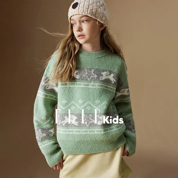 ELLE KIDS童装 提花图案圆领套头毛衣女童冬季新款复古风针织衫D1