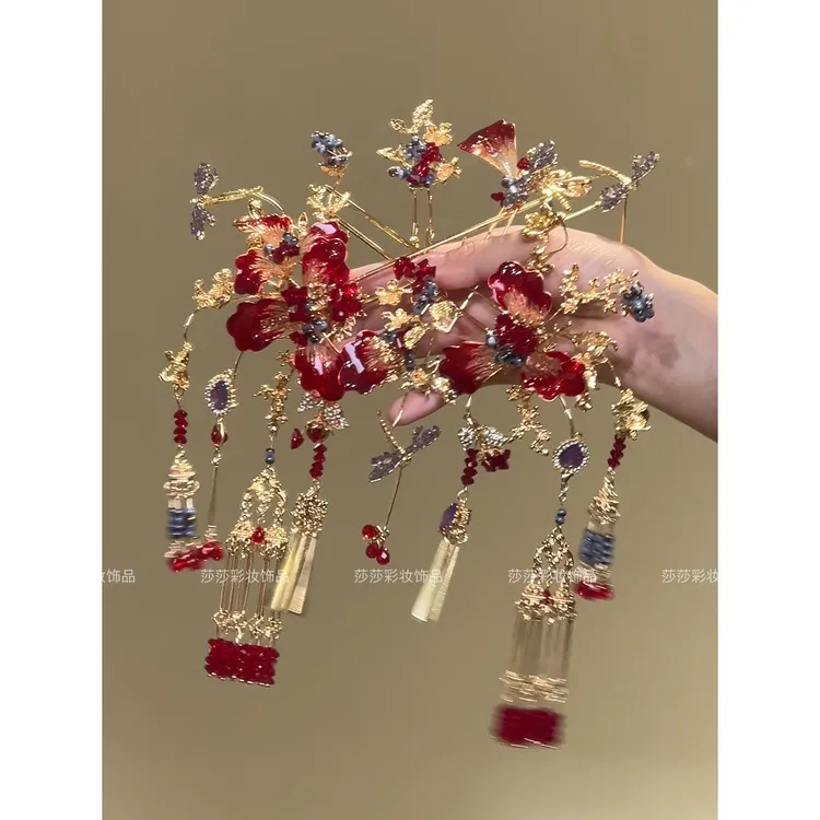 z8532红金撞色水凝花蝶秀禾头饰 新中式新娘龙凤褂发簪配饰