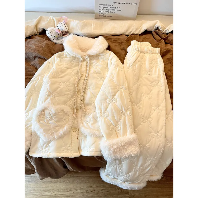 韩系少女毛绒领刺绣夹棉睡衣女冬季新款加厚保暖家居服套装可外出