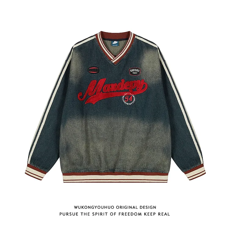 悟空有货美式复古毛巾绣字母牛仔V领卫衣男潮牌情侣宽松百搭上衣