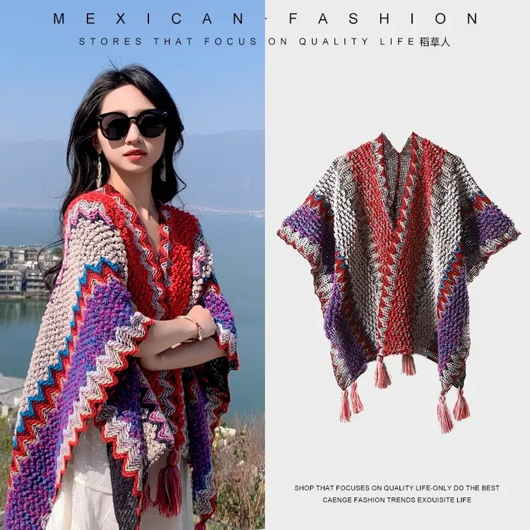 Mexican/稻草人披肩女大外搭秋冬季旅游民族风针织披风高级感斗篷