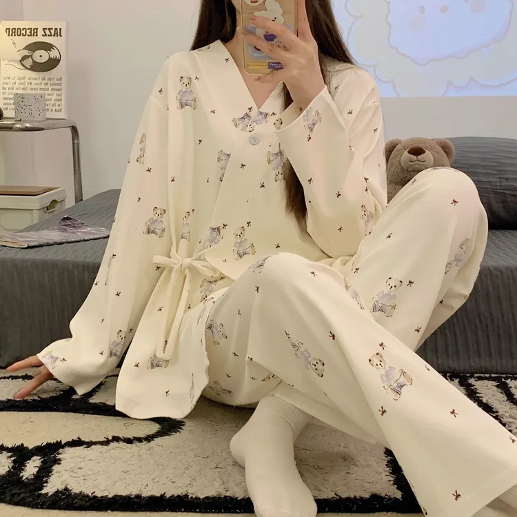 月子服纯棉春秋夏季产后孕妇睡衣女产妇待产哺乳装家居服和服系带