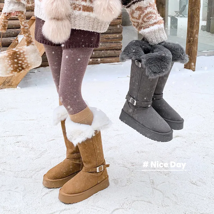 胖mm厚底毛毛加绒保暖棉鞋高长筒雪地靴女冬季大筒围粗腿大码靴子