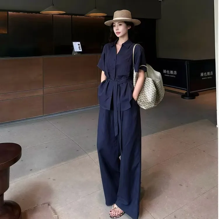 【发财专属】老钱风套装高个子宽松显瘦短袖衬衫＋休闲阔腿裤两件套