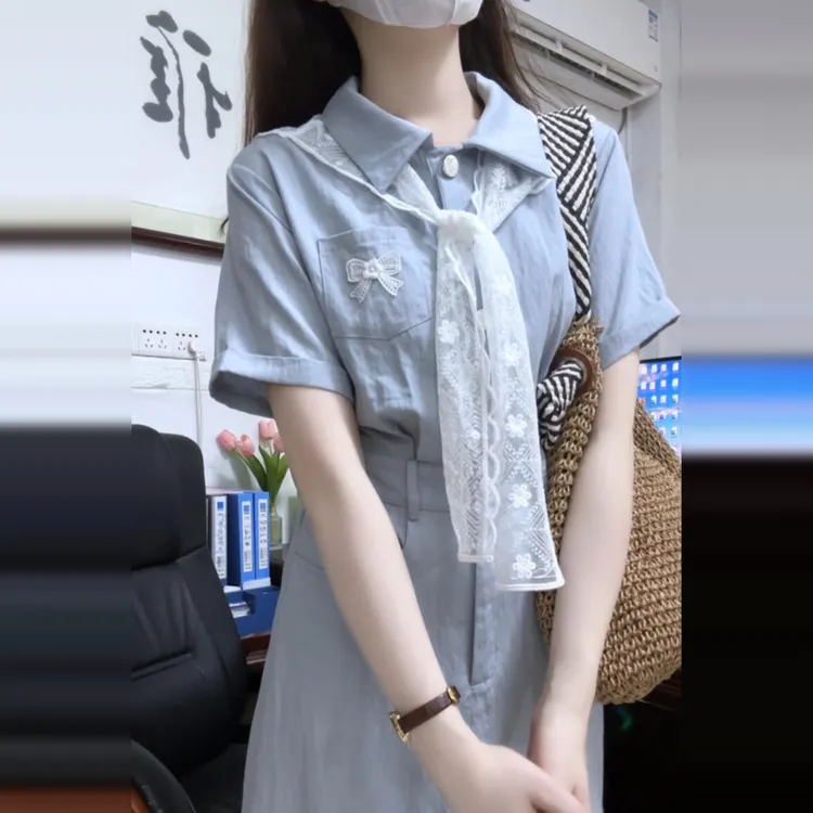 法式学院风蓝色衬衫连衣裙子女夏季2025新款今年流行爆款漂亮长裙