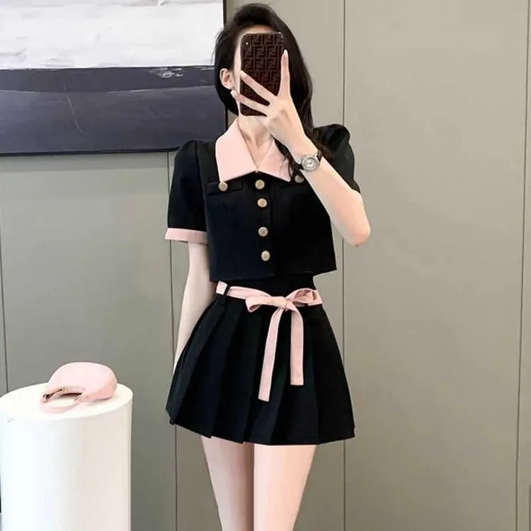 夏季小个子日系甜妹套装正肩短款短袖衬衫遮肚显瘦百褶裙两件套