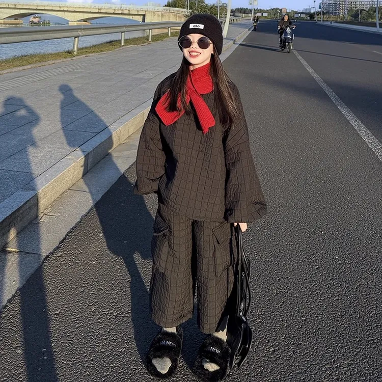 女童冬季棉服套装超好看绗线菱形格套头棉衣八分工装裤日系两件套