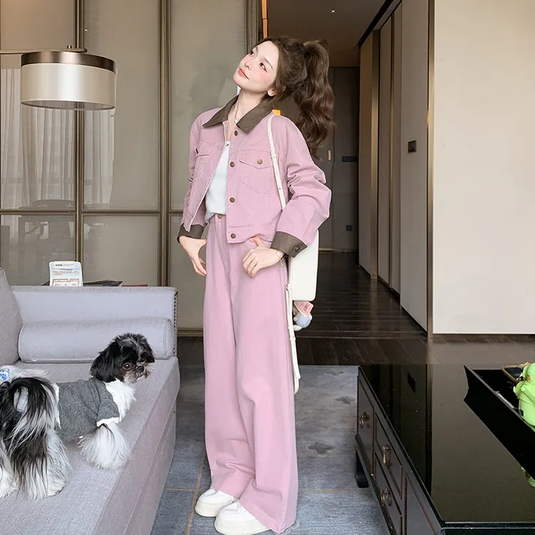 撞色牛仔短外套时尚套装女2025春新款设计感减龄高腰阔腿裤两件套