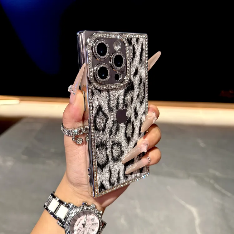 高级感豹纹镶钻适用iPhone 16promax手机壳轻奢15pro网红14女款13