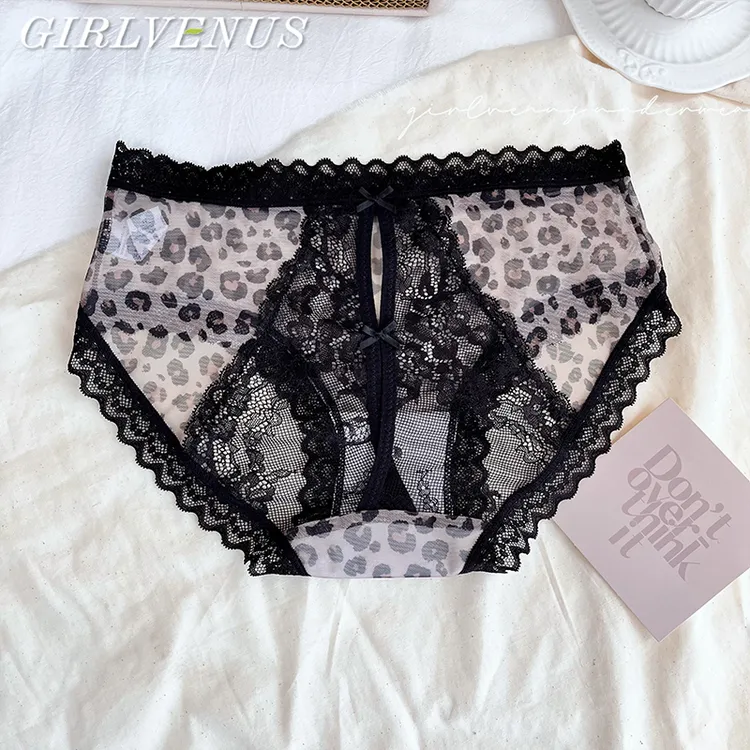 GIRLVENUS【一丝狂野】性感蕾丝内裤开花豹纹系带冰丝少女三角裤