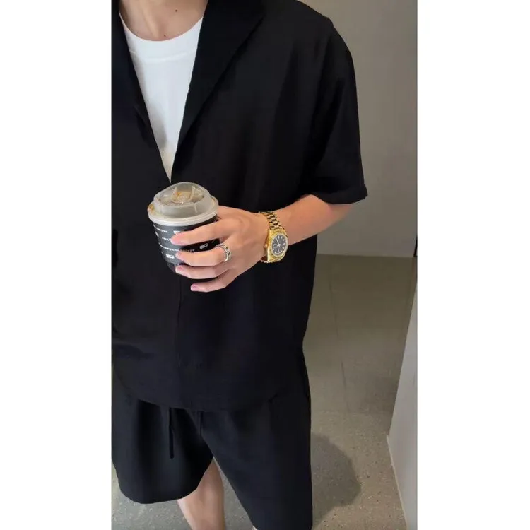 老钱风亚麻莱赛尔短袖+短裤假两件套装男款夏季轻薄速干衬衫裤子