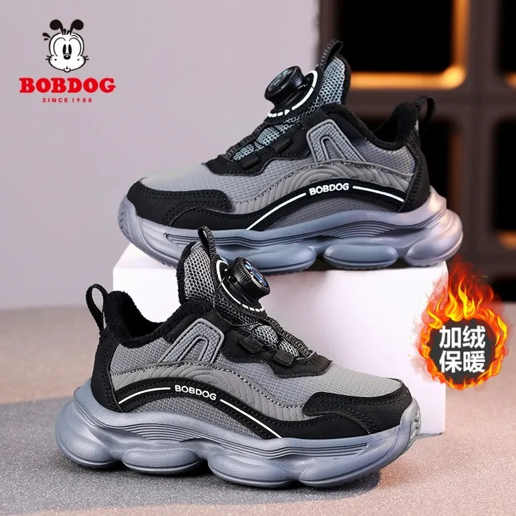 巴布豆男童棉鞋2025秋冬季新款皮面防水加绒保暖男孩子儿童运动鞋