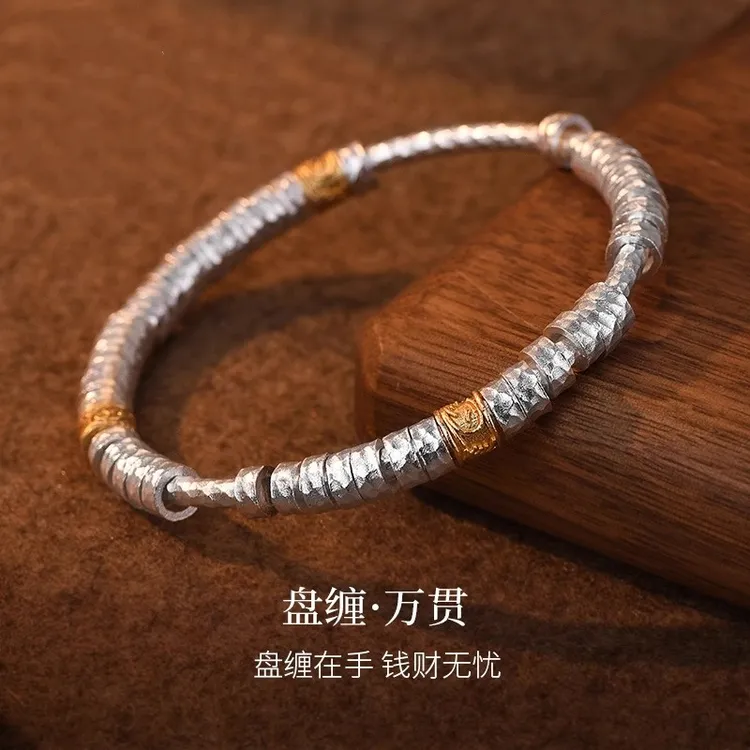 足银手镯 999足银古法实心手镯女款复古宫廷风盘缠镯子小众高级感