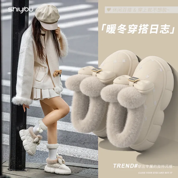 十一步PU防水包跟棉拖鞋女鞋蝴蝶结2025秋冬季爆款冬天保暖棉鞋女