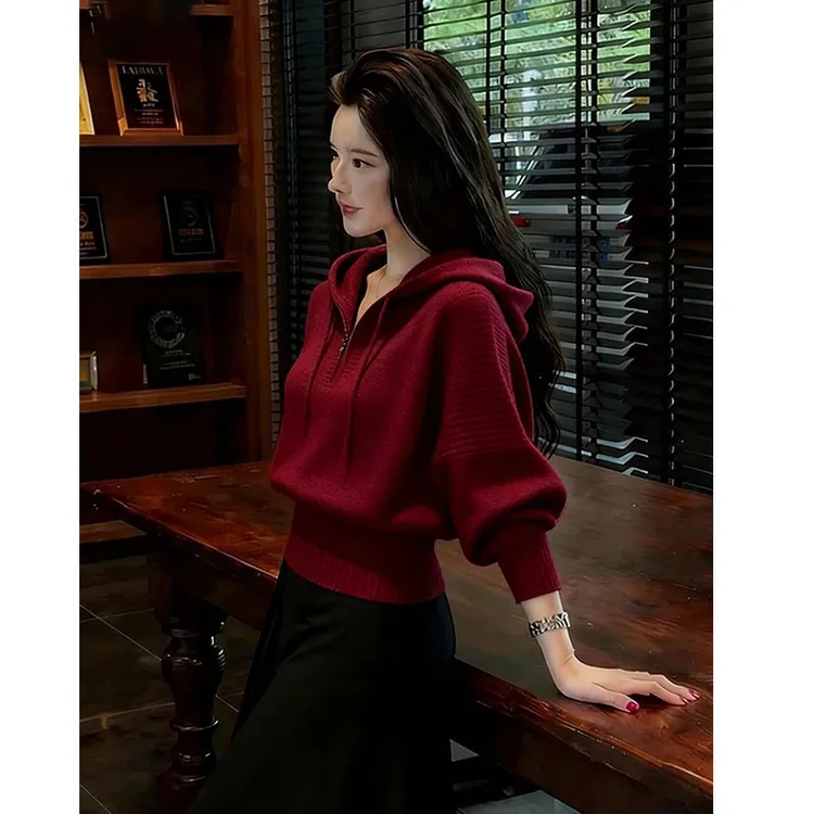 2025秋冬季款老钱风连帽半拉链酒红色针织衫女轻熟时尚设计感上衣