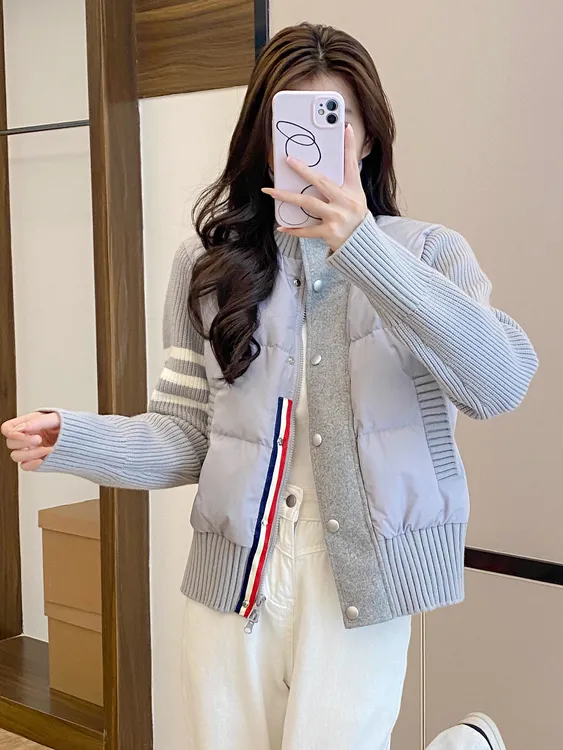 欧洲站拼接针织立领羽绒服女短款2025年新款小个子冬季保暖外套潮