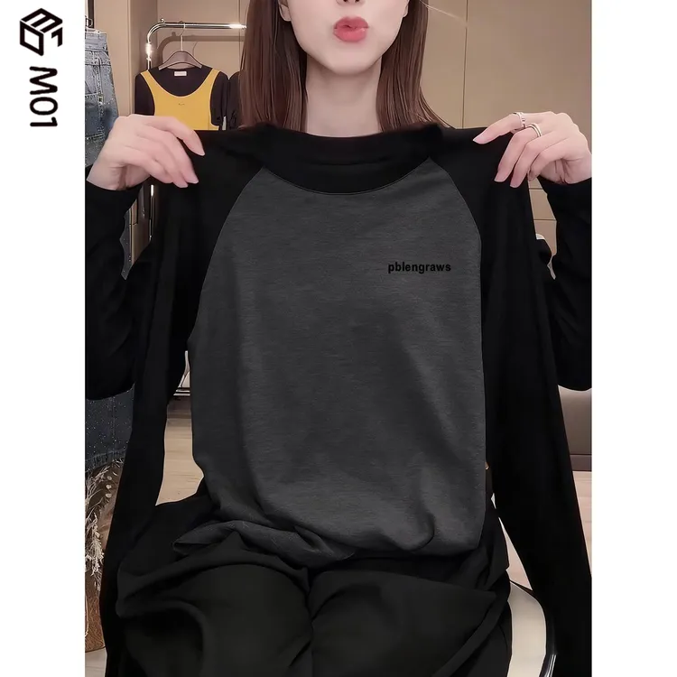 M01秋冬季插肩纯棉圆领长袖t恤女装小众设计感时尚百搭上衣打底衫