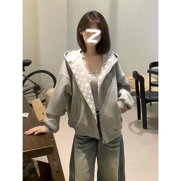 美式刺绣开衫连帽卫衣外套女2025秋冬新款宽松潮牌情侣装拉链上衣