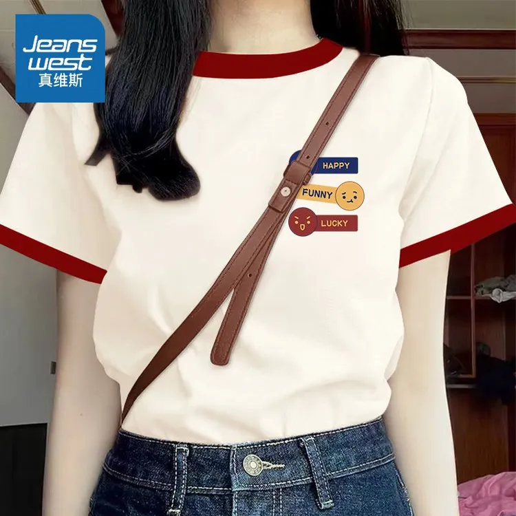 夏日穿搭撞色短袖洋气T恤白色女夏季新款纯棉半袖女装时尚体恤衫