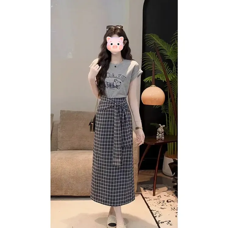 高级感2025新款时尚气质卡通小狗字母短袖T恤格子半身裙两件套