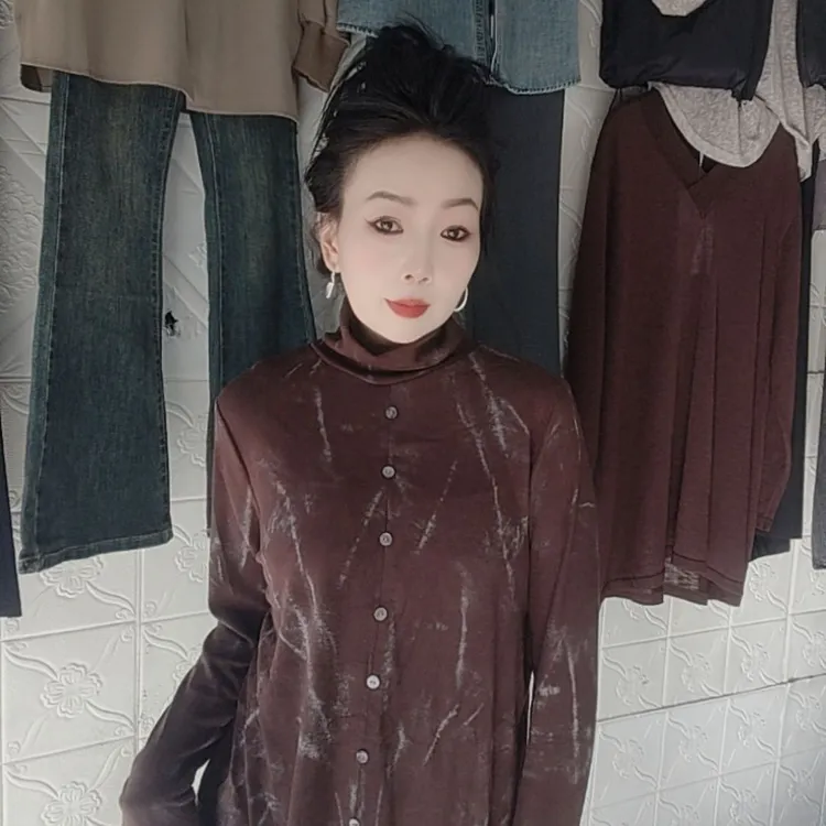 气质喇叭袖复古秋冬女士丝绒衬衫
