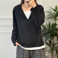 NANA【翻领假两件】秋季假两件撞色长袖T恤宽松显瘦百搭C0515