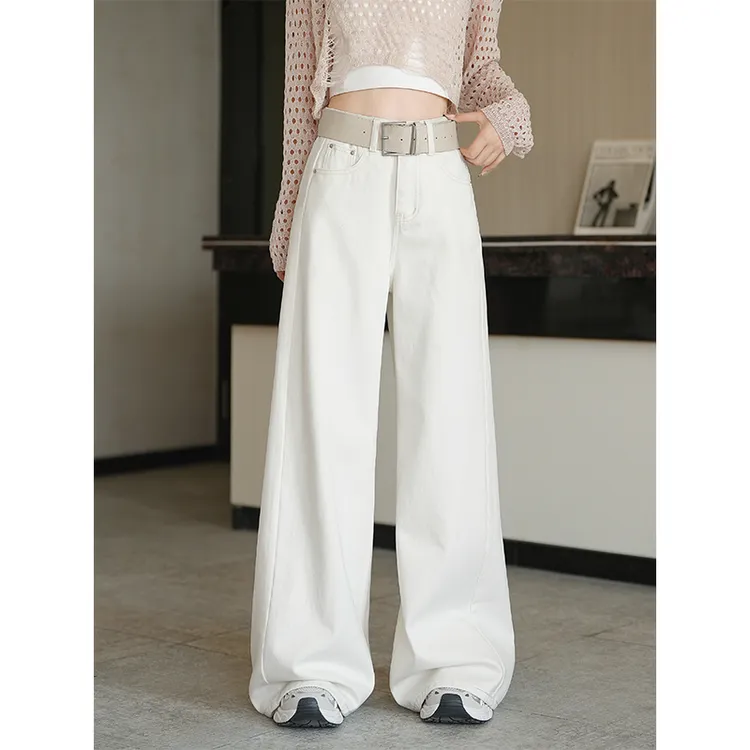 白色松弛感阔腿牛仔裤女高腰2025春季新款宽松显瘦直筒垂感拖地裤