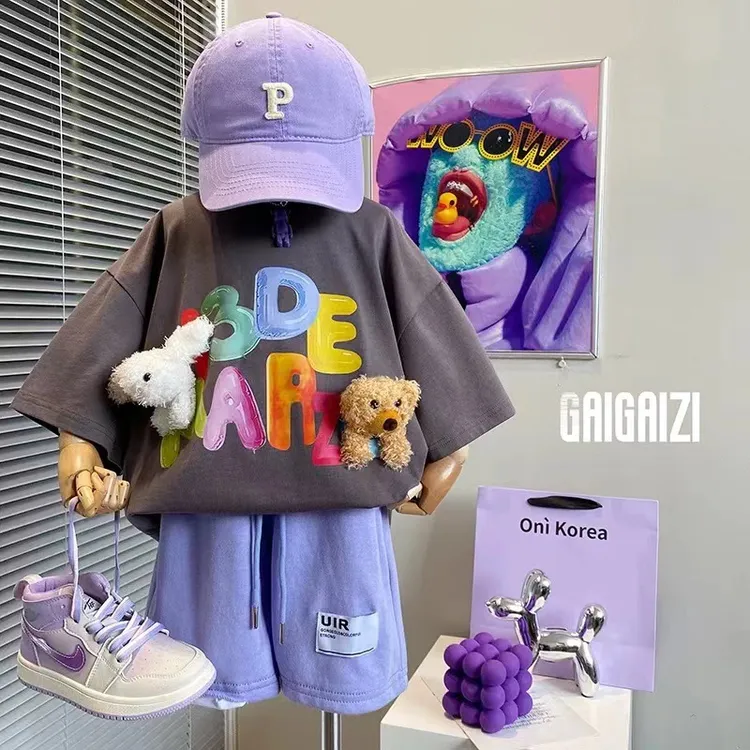 夏季童款韩风印花立体卡通T恤男女多巴胺配色潮流宽松短袖A类