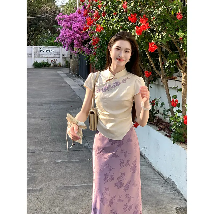 凌茜【沐春】新中式提花刺绣花卉上衣女春夏蝴蝶花卉鱼尾半身裙