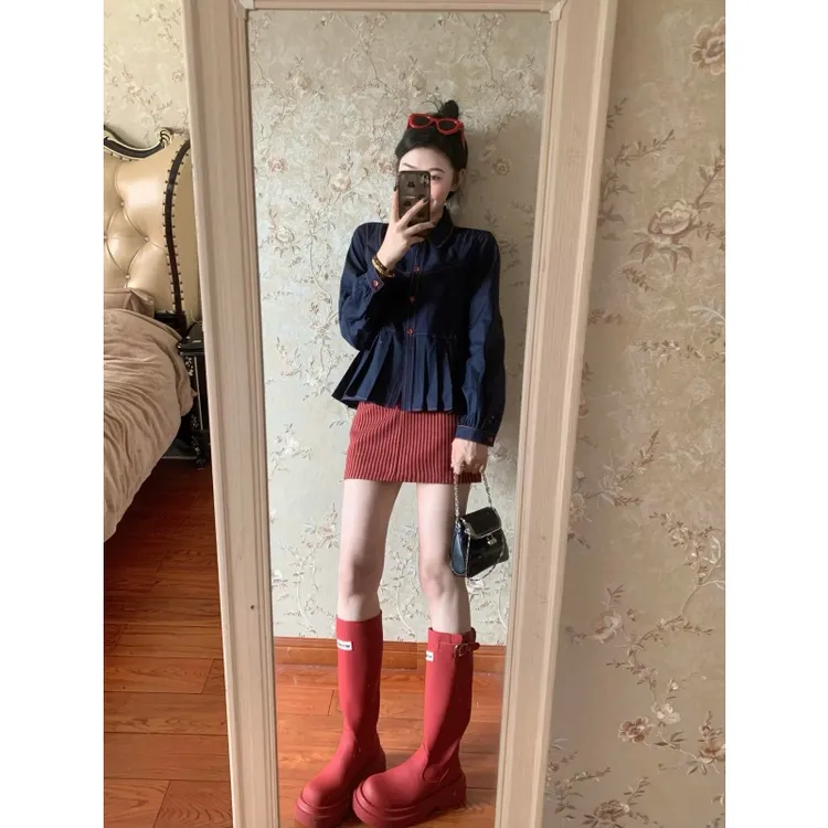 复古宽松慵懒风减龄收腰衬衫女秋季高级感气质百搭条纹短裙两件套
