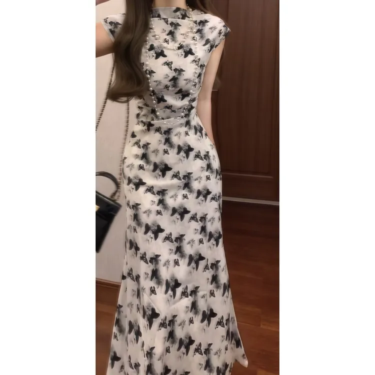 新中式国风水墨蝴蝶印花改良版旗袍连衣裙少女修身长裙配内搭9315