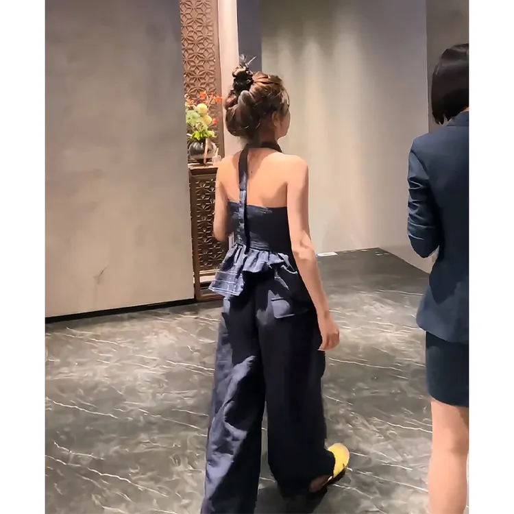 2025夏季新款法式气质修身飘带格纹抹胸上衣百搭高腰显瘦阔腿长裤