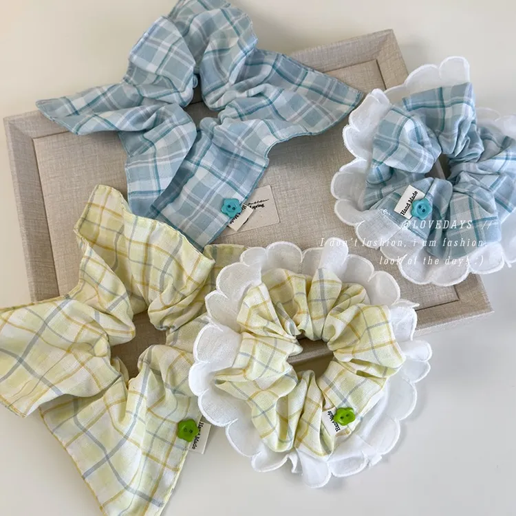 薄荷嫩黄色格纹大肠发圈蕾丝边气质扎发绳高级感脑勺纽扣发圈