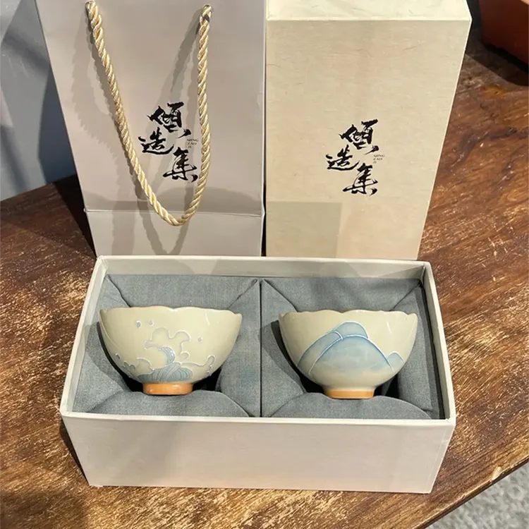 惊蛰 冰台色釉下彩手绘花口杯中式家用陶瓷喝茶杯品茗杯对杯礼装