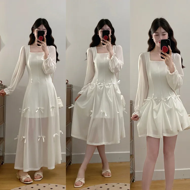 四季通用大码连衣裙长裙常规无袖法式蝴蝶结中长裙春季简约风