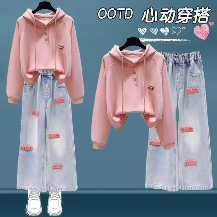 春秋女童夏季学院风连帽卫衣学生少女套装大童套头阔腿牛仔裤