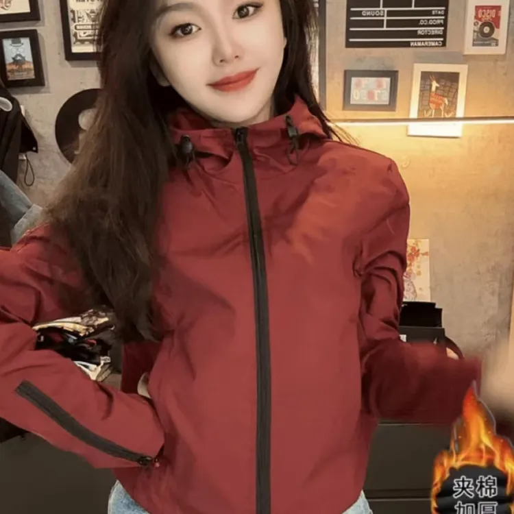 2025新款加棉加厚时尚防风短款收腰连帽风衣工装韩版休闲外套女
