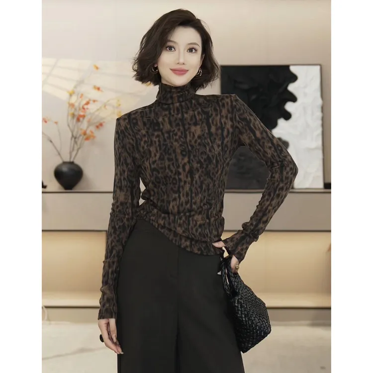【豹系女主】秋冬女装御姐风时尚气质豹纹高领长袖上衣HBZW800115