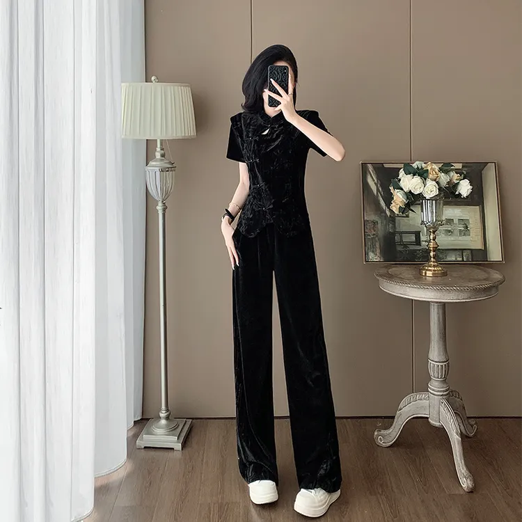新中式时尚休闲套装女夏季减龄小香风超火休闲运动阔腿裤两件套装