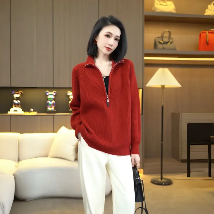欧颍昇李思桐2025冬季针织毛衣宽松百搭保暖气质时尚拉链上衣7418