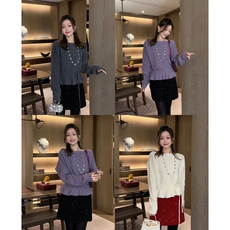 W·HAHA【约会悸动】简约花边下摆绑带绵羊毛针织衫10916