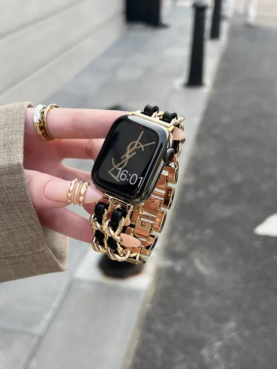 适用苹果iwatch手表表带s9s10 小香风高级感金属applewatch女表带