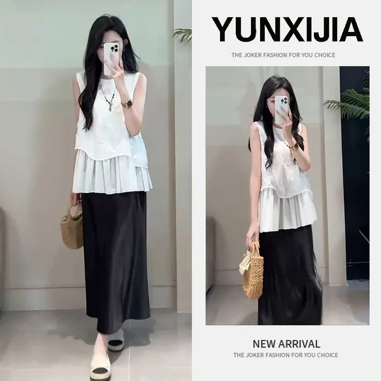 夏季流行穿搭一整套女2025新款气质简约百搭花边上衣半身裙两件套