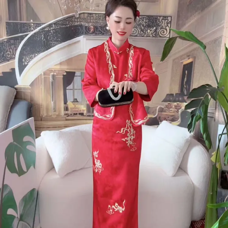 喜婆婆喜妈妈秋季新款两件套中国红印花礼服