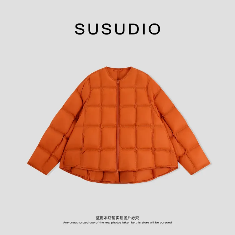 SUSUDIO 方格泡芙超重磅不对称90白鸭绒圆领保暖羽绒服 70410